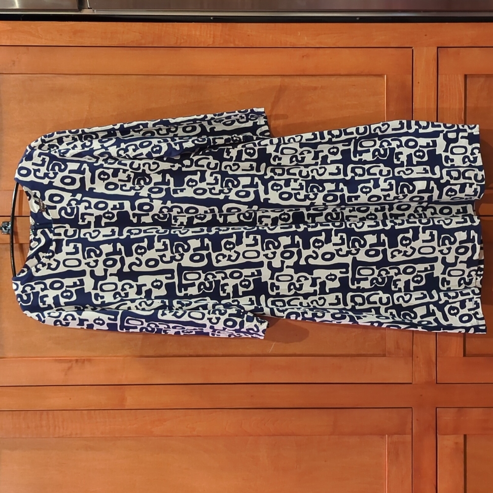 J. McLaughlin Navy Blue and White Long Sleeve Dress Large